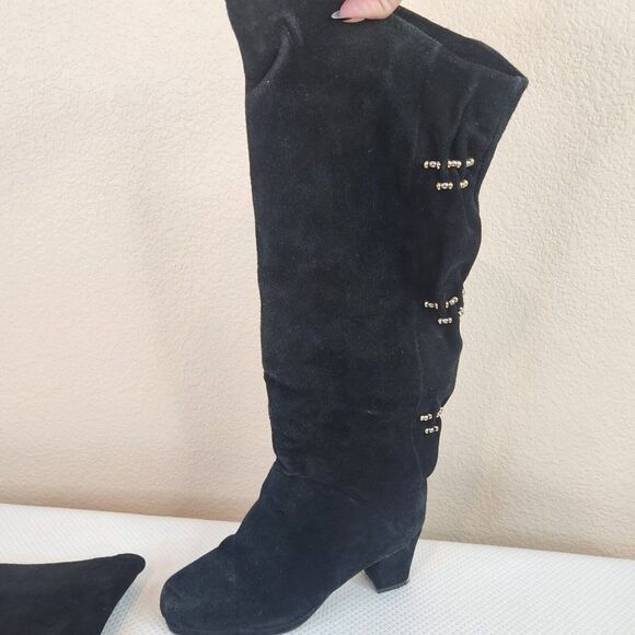 Vintage 90s Over Knee High Suede Black Boots Size 7 Block Heel Tall Pull On - Picture 7 of 7